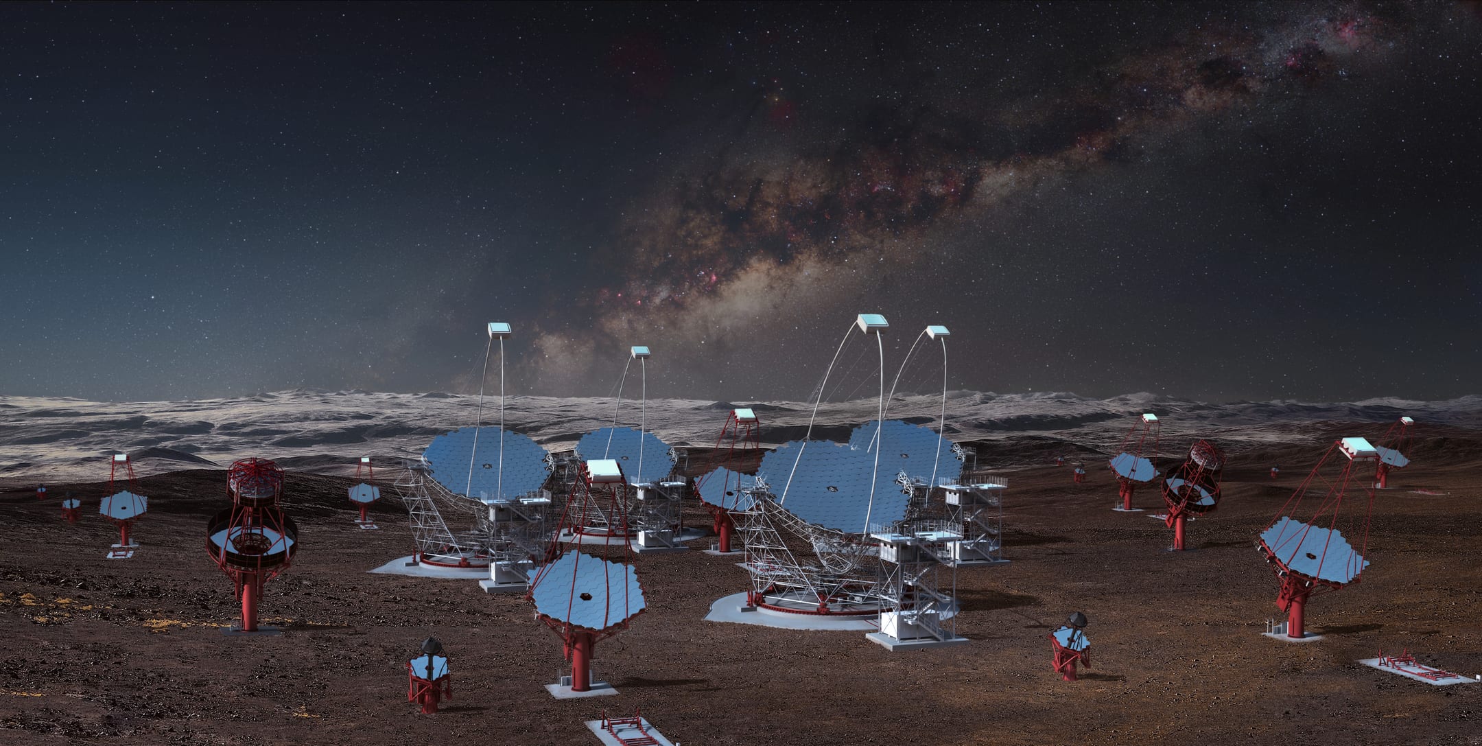 Composite visualization of the Cherenkov Telescope Array — southern-hemisphere telescopes across the Atacama Desert at Paranal, beneath the arc of the Milky Way.